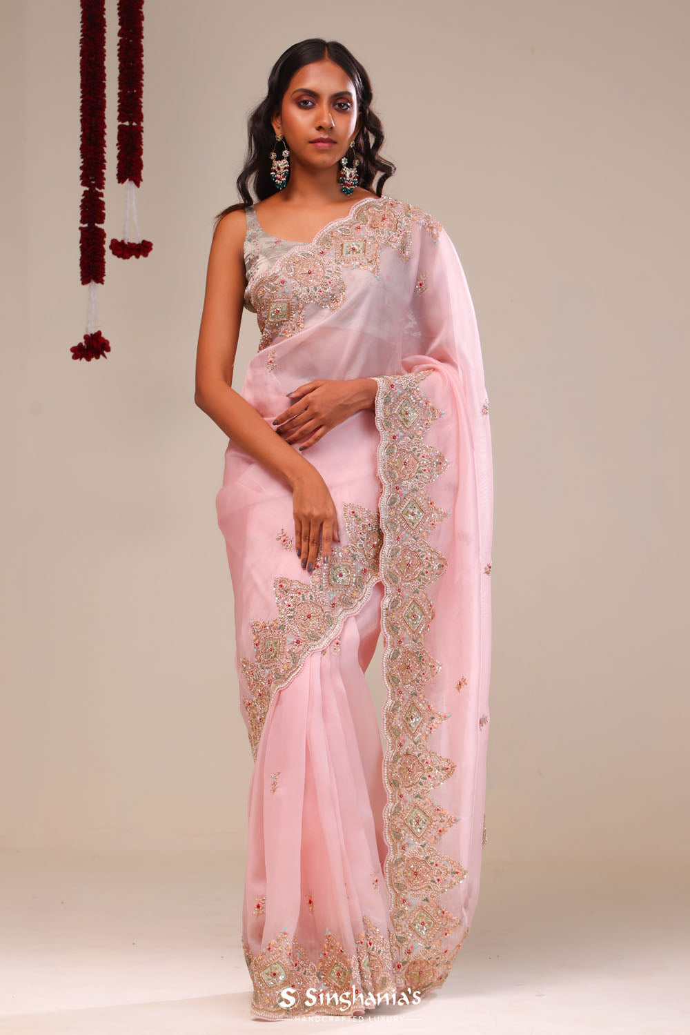 Pale Pink Organza Handcrafted Saree
