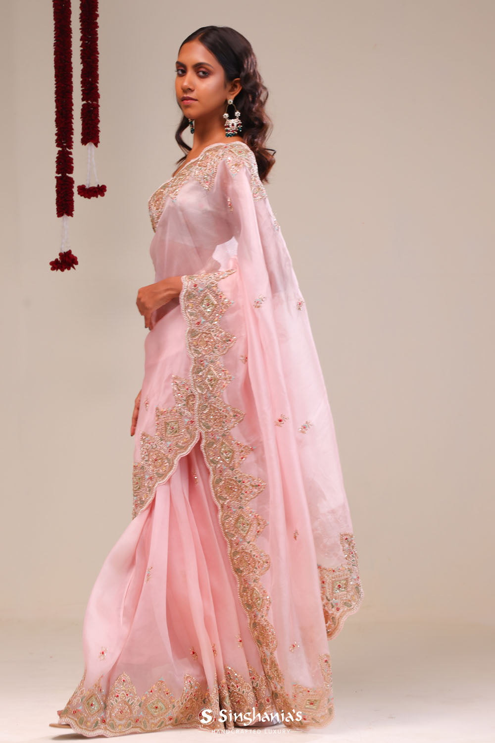 Pale Pink Organza Handcrafted Saree