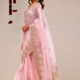 Pale Pink Organza Handcrafted Saree