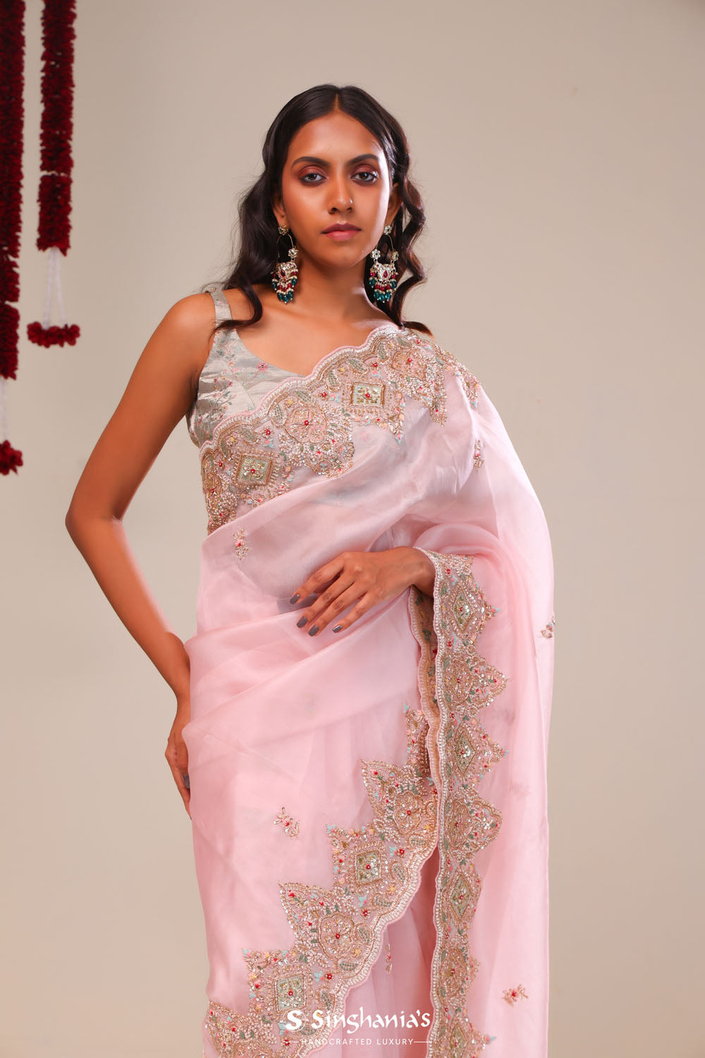Pale Pink Organza Handcrafted Saree