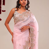Pale Pink Organza Handcrafted Saree