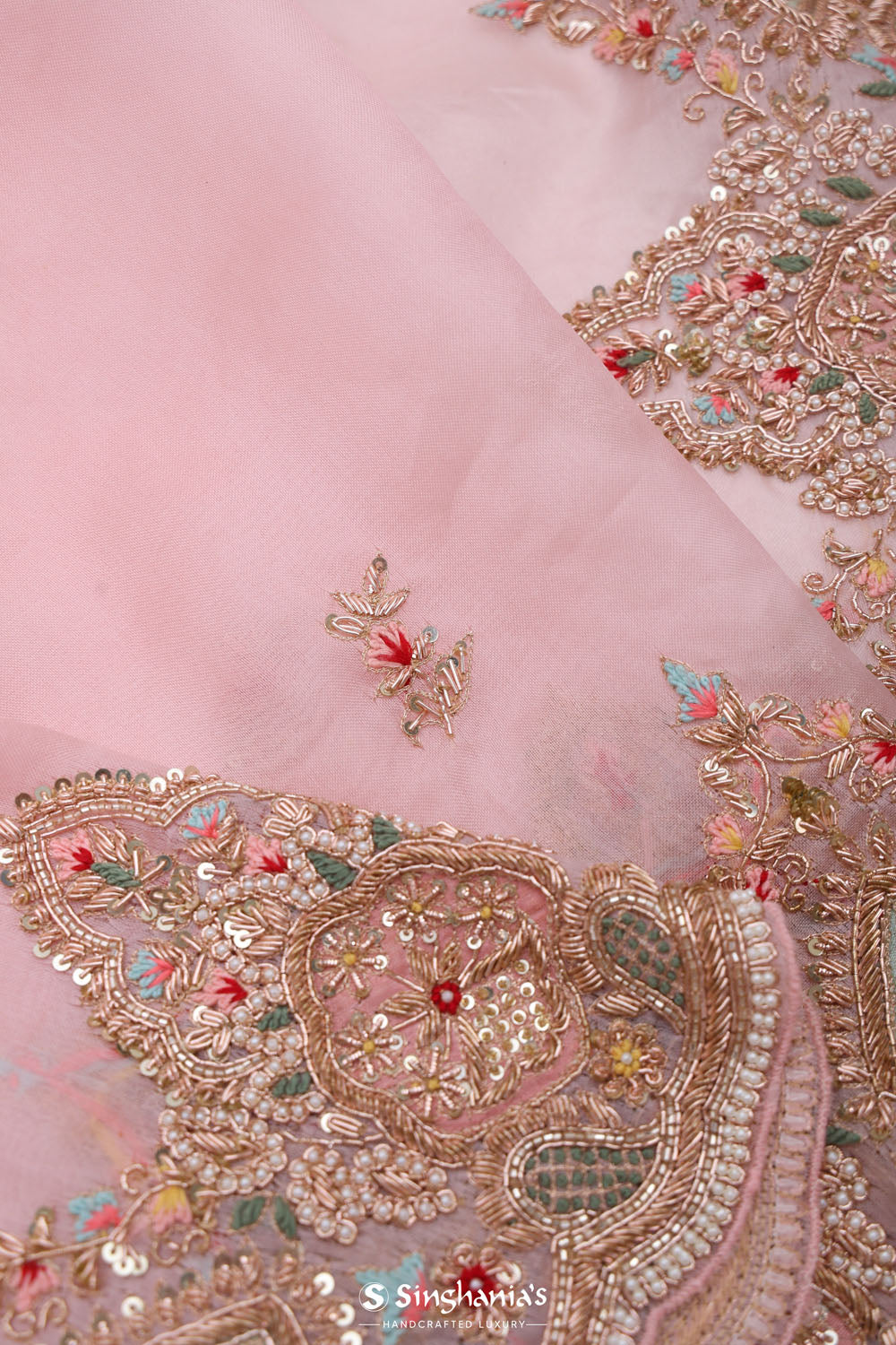 Pale Pink Organza Handcrafted Saree