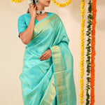 Aqua Blue Kanjivaram Silk Saree With Floral-Fauna Weaving