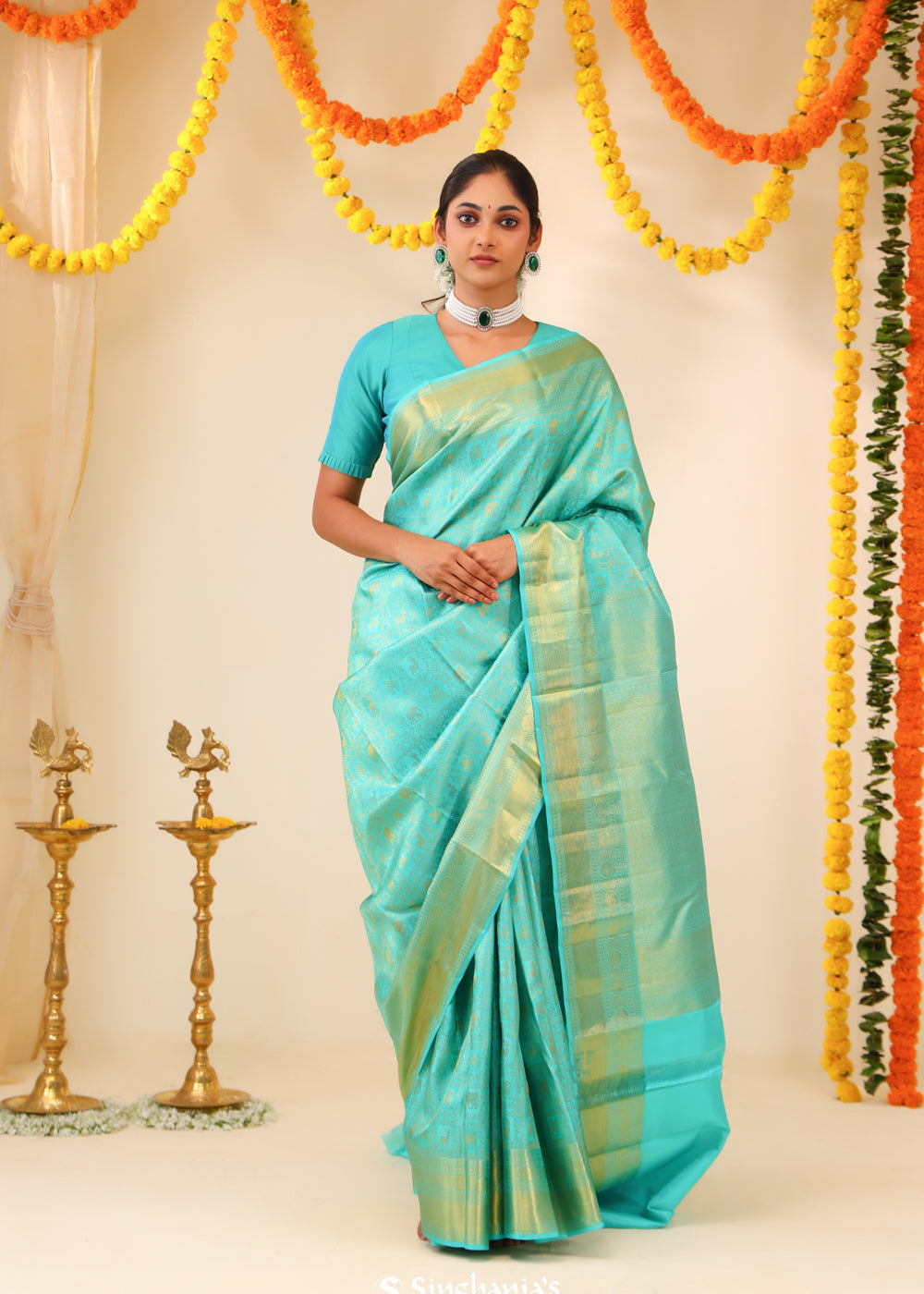 Aqua Blue Kanjivaram Silk Saree With Floral-Fauna Weaving