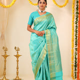 Aqua Blue Kanjivaram Silk Saree With Floral-Fauna Weaving