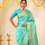 Aqua Blue Kanjivaram Silk Saree With Floral-Fauna Weaving