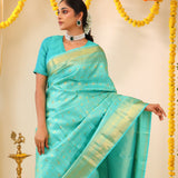 Aqua Blue Kanjivaram Silk Saree With Floral-Fauna Weaving