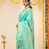 Aqua Blue Kanjivaram Silk Saree With Floral-Fauna Weaving