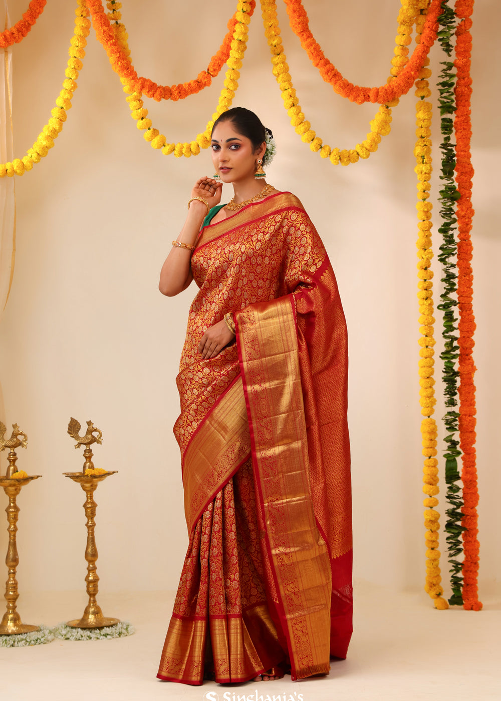 Crimson Red Kanjivaram Silk Saree With Floral Jaal Weaving