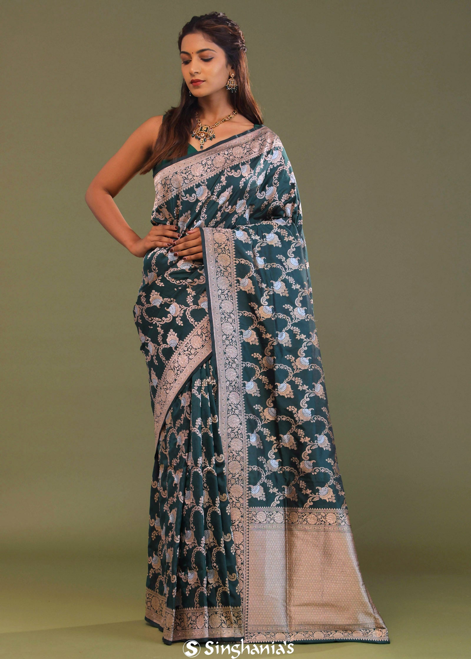 Dark Green Banarasi Saree With Floral Jaal