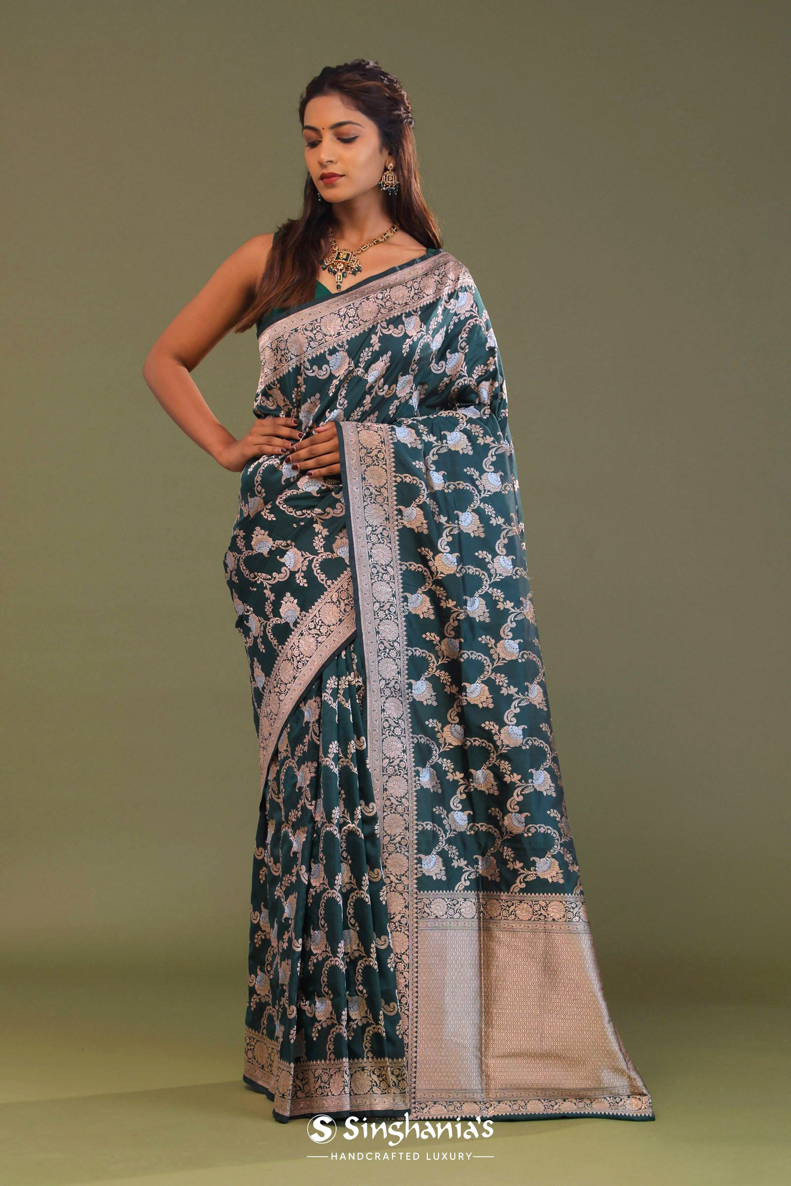 Dark Green Banarasi Saree With Floral Jaal
