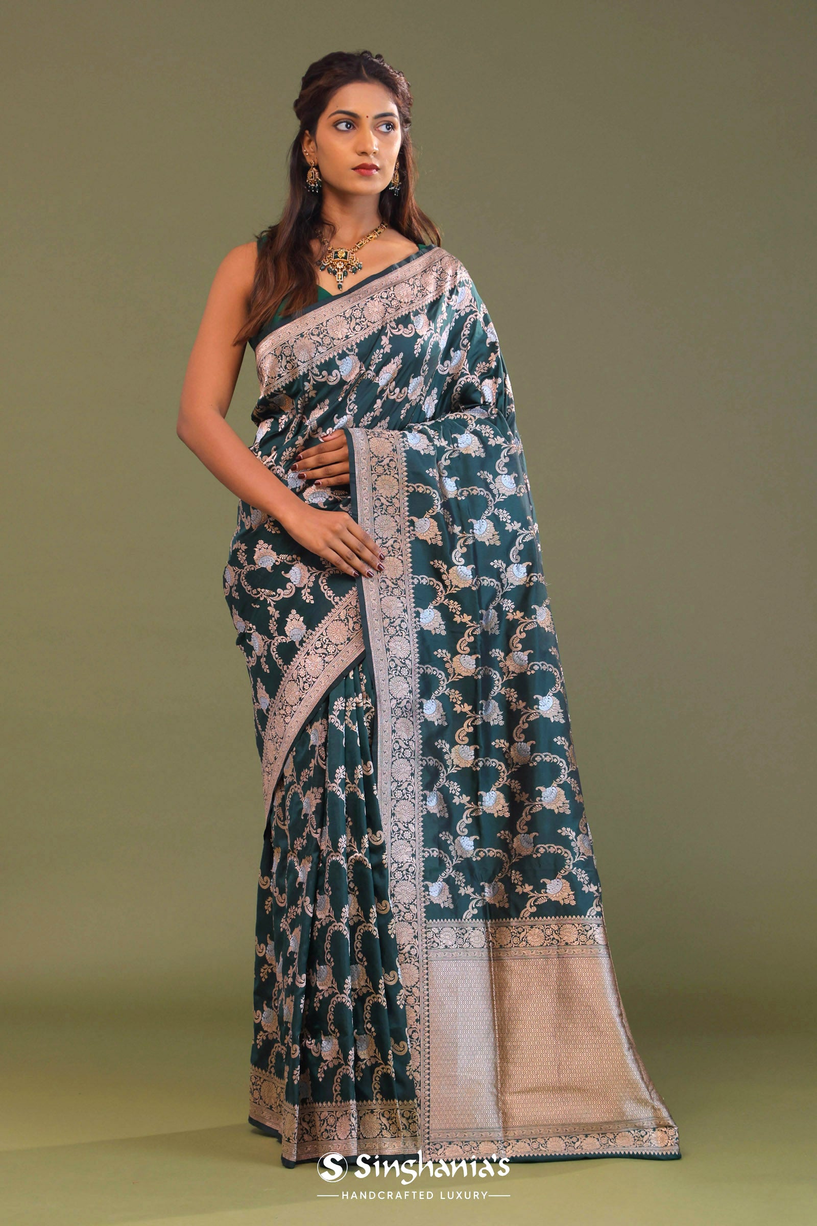 Dark Green Banarasi Saree With Floral Jaal