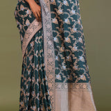 Dark Green Banarasi Saree With Floral Jaal