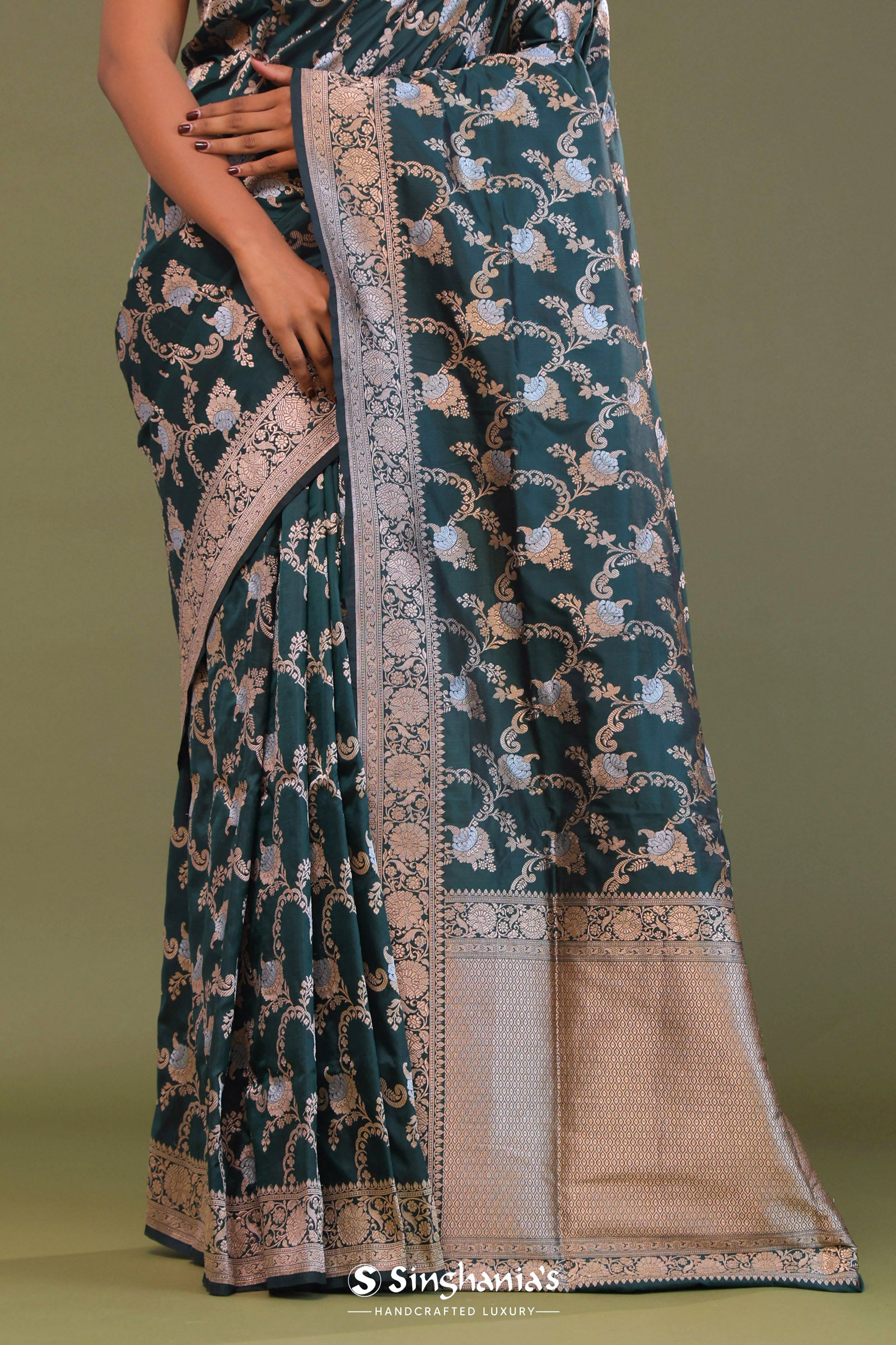 Dark Green Banarasi Saree With Floral Jaal