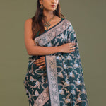 Dark Green Banarasi Saree With Floral Jaal