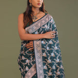 Dark Green Banarasi Saree With Floral Jaal