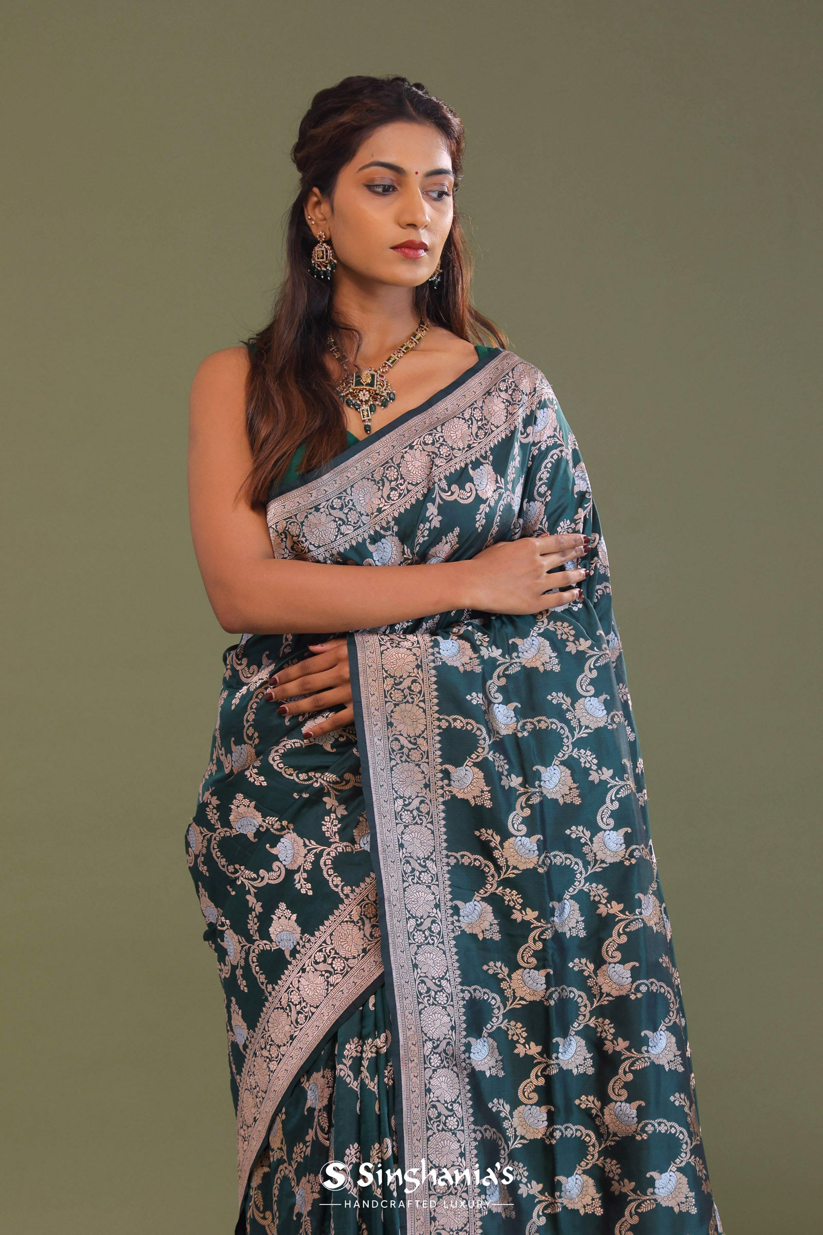 Dark Green Banarasi Saree With Floral Jaal