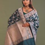 Dark Green Banarasi Saree With Floral Jaal