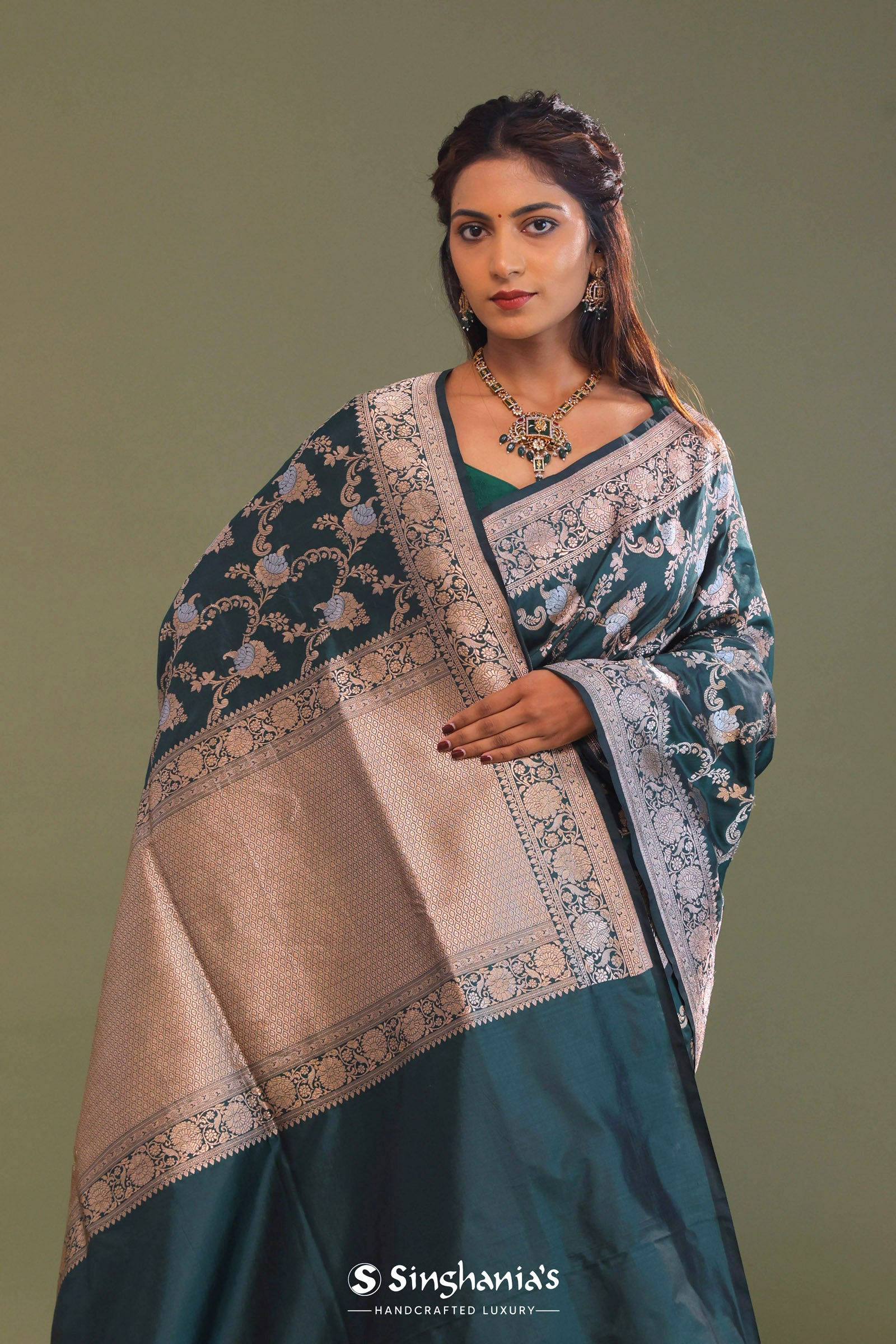 Dark Green Banarasi Saree With Floral Jaal