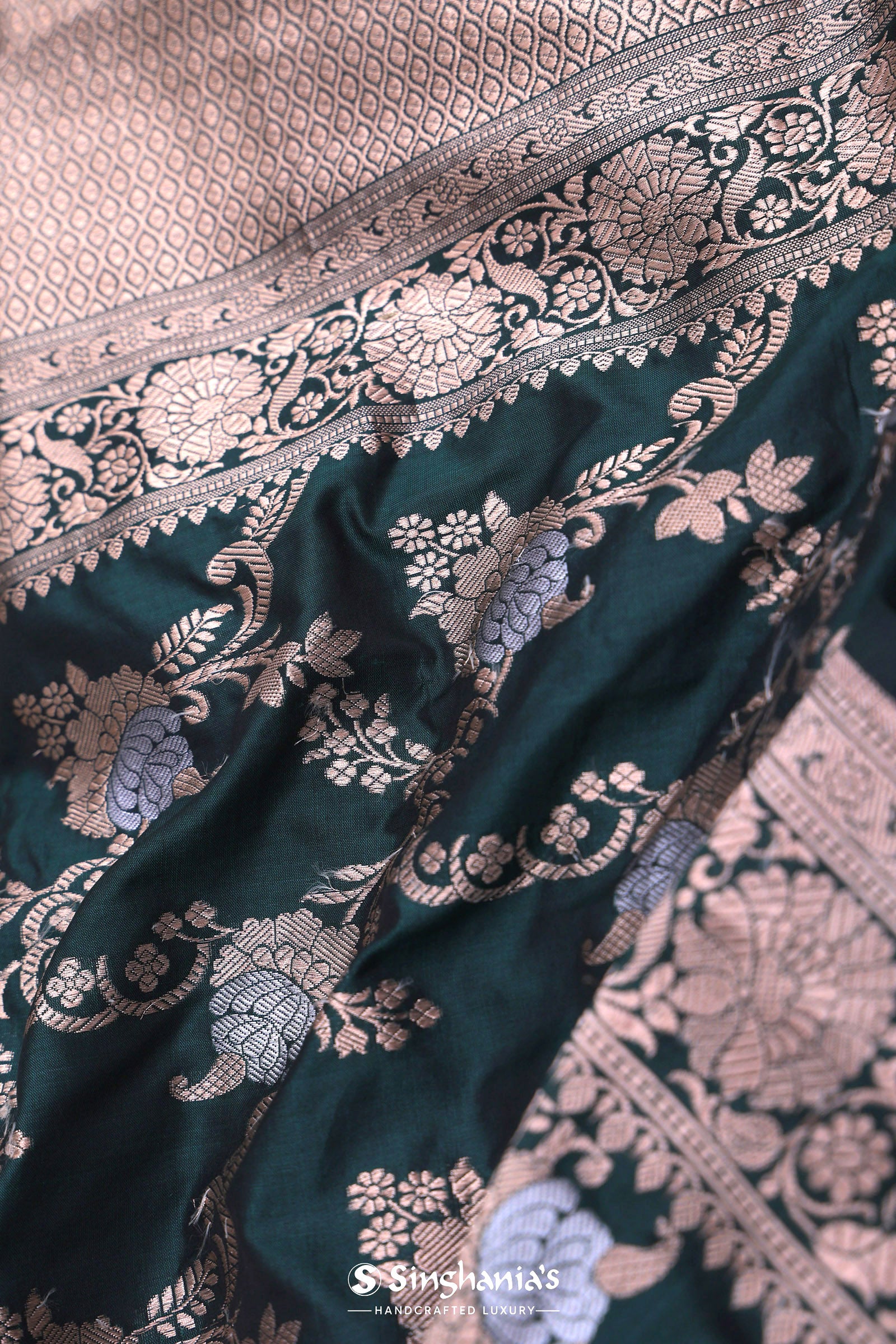 Dark Green Banarasi Saree With Floral Jaal