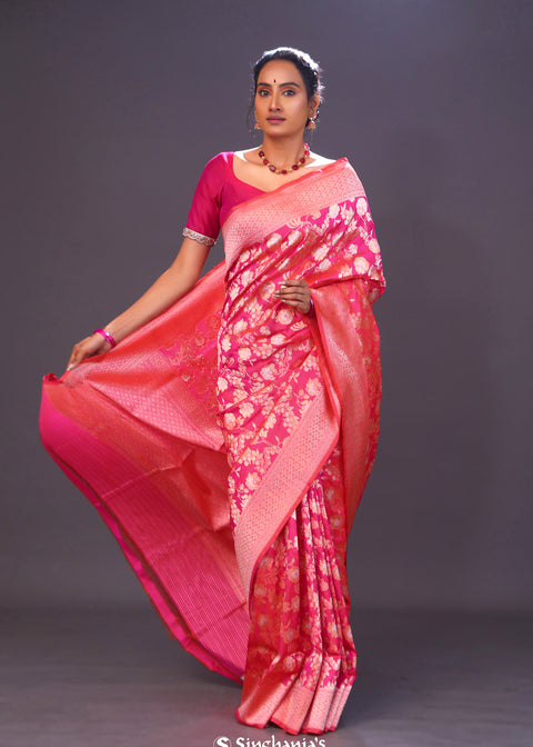 <img> Cherry Pink Jaal Banarasi Silk Saree