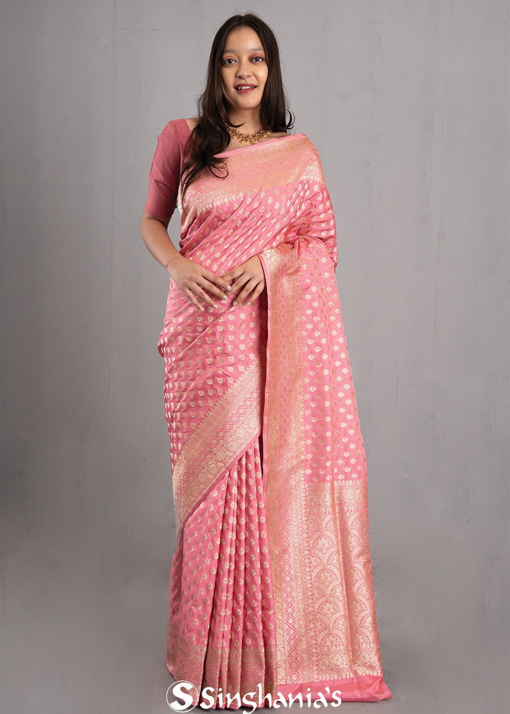 Carnation Pink Banarasi Silk Butti Saree