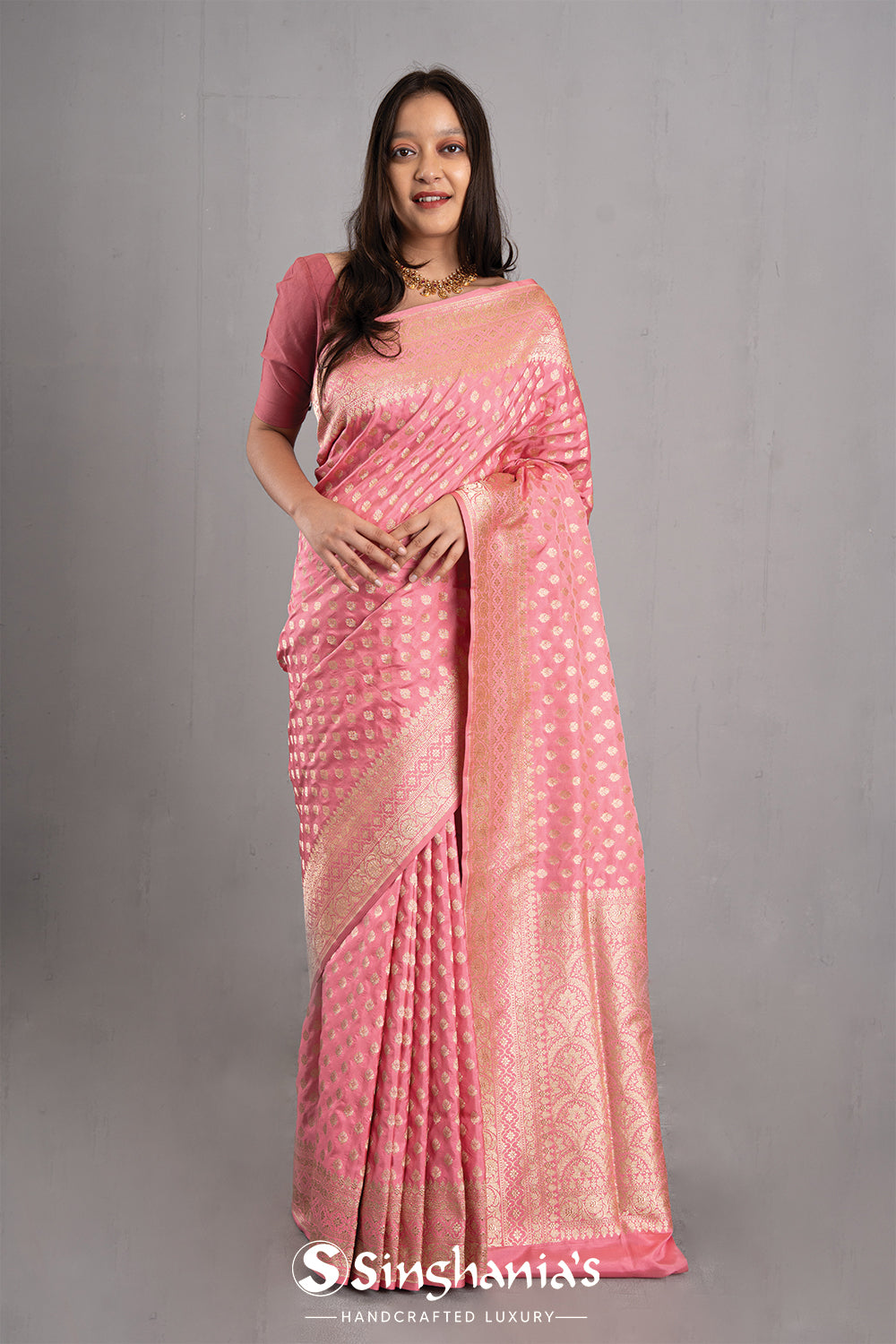 Carnation Pink Banarasi Silk Butti Saree