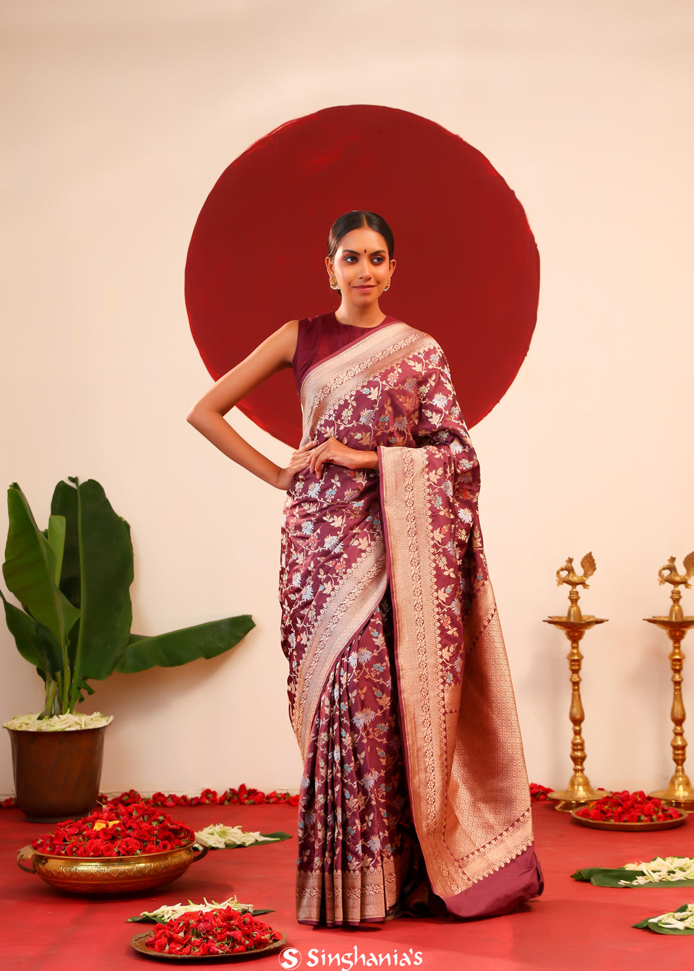 Autumn Purple Banarasi Silk Saree With Meenakari Floral