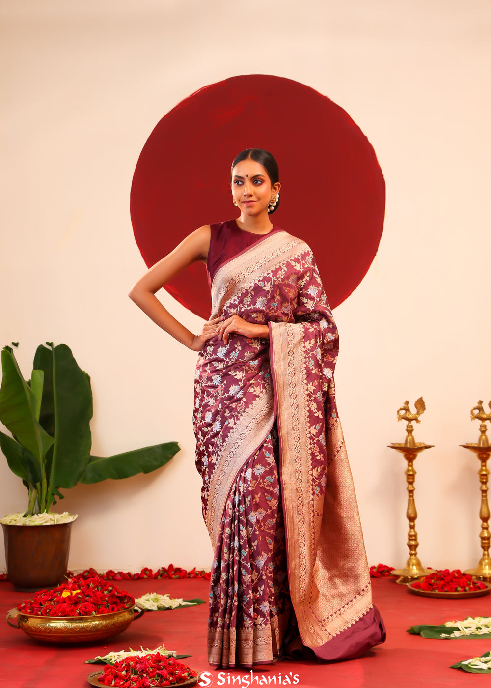 Autumn Purple Banarasi Silk Saree With Meenakari Floral
