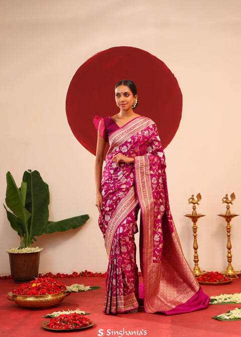 <img> Cardinal Purple Banarasi Silk Saree With Gold-Silver Zari