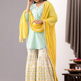 Block Printed Light Green Cotton Kurta Gharara Set With Dupatta