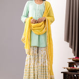 Block Printed Light Green Cotton Kurta Gharara Set With Dupatta