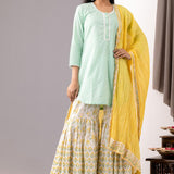 Block Printed Light Green Cotton Kurta Gharara Set With Dupatta