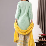 Block Printed Light Green Cotton Kurta Gharara Set With Dupatta