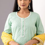 Block Printed Light Green Cotton Kurta Gharara Set With Dupatta