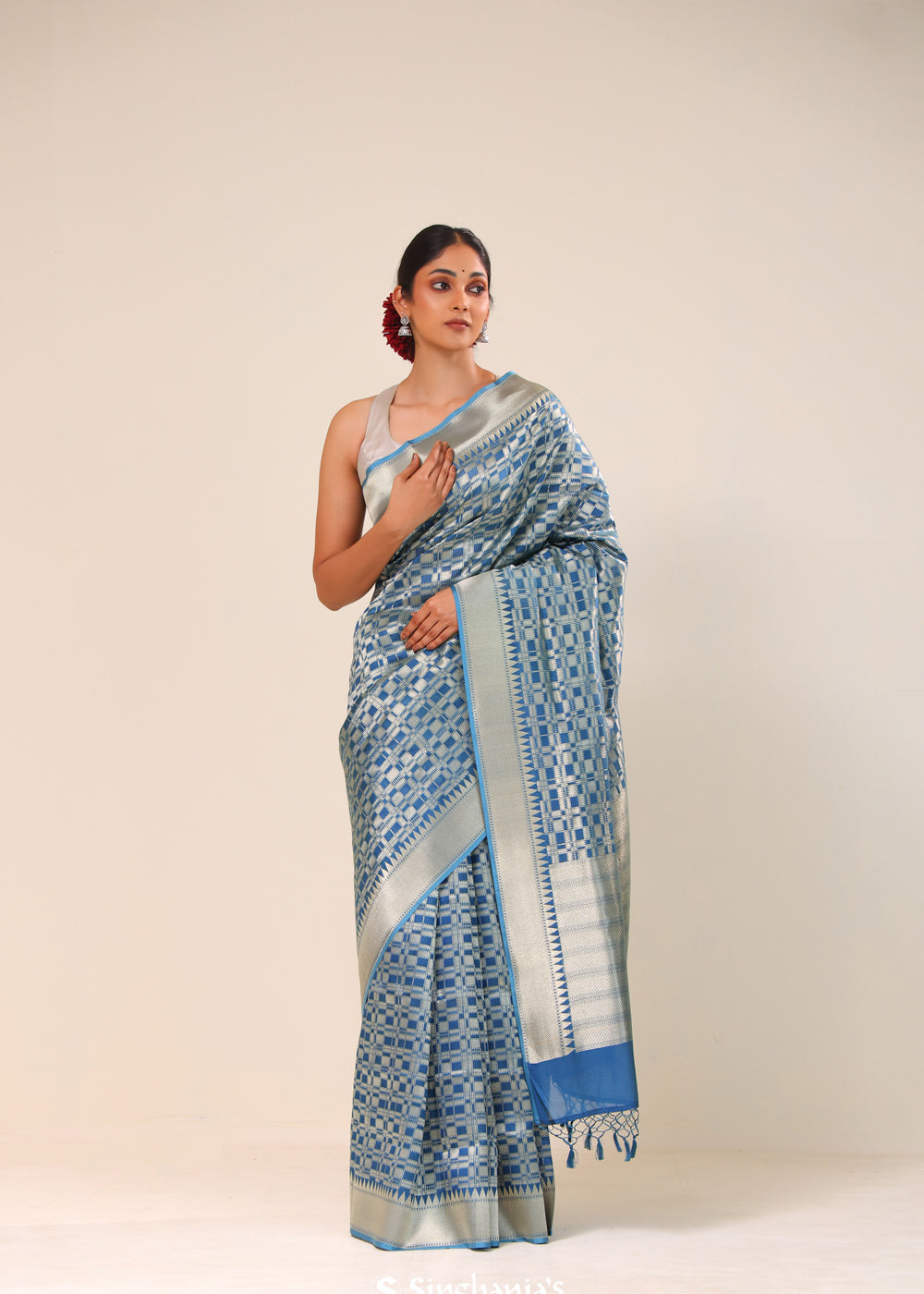 Spanish Blue Chiniya Banarasi Silk Saree