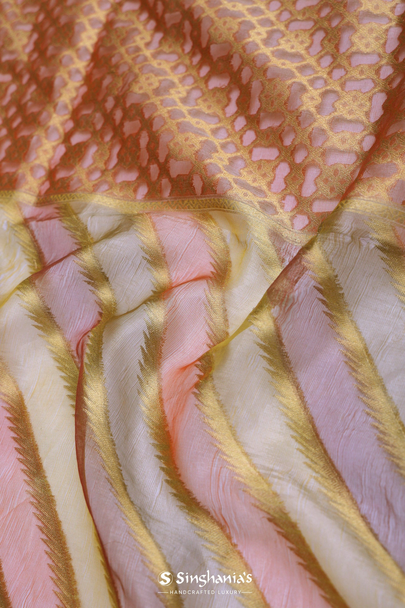 Brown Rangkat Tissue Organza Banarasi Saree With Gold Zari Work