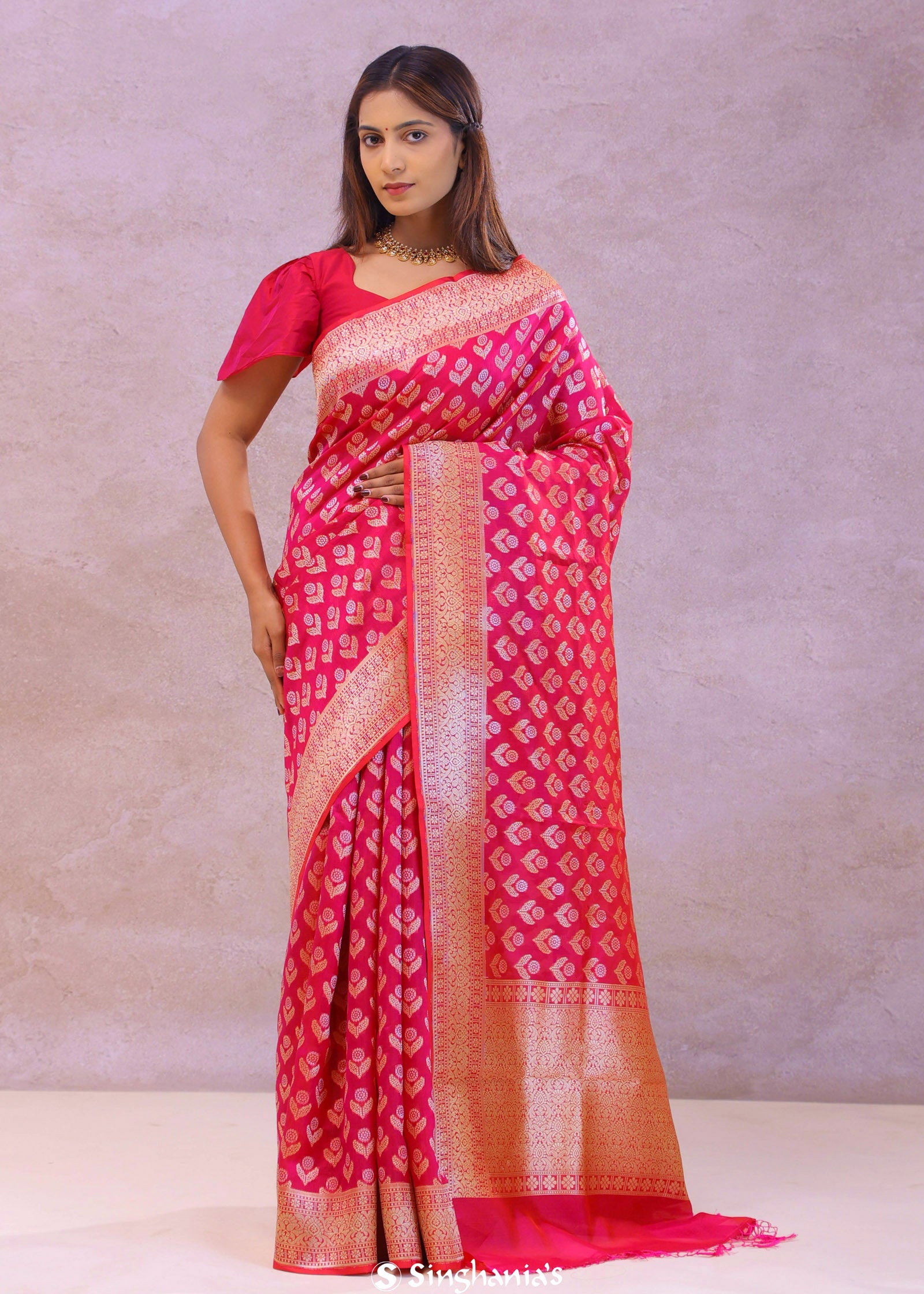 Crimson Red Banarasi Silk Saree With Gold Zari Border