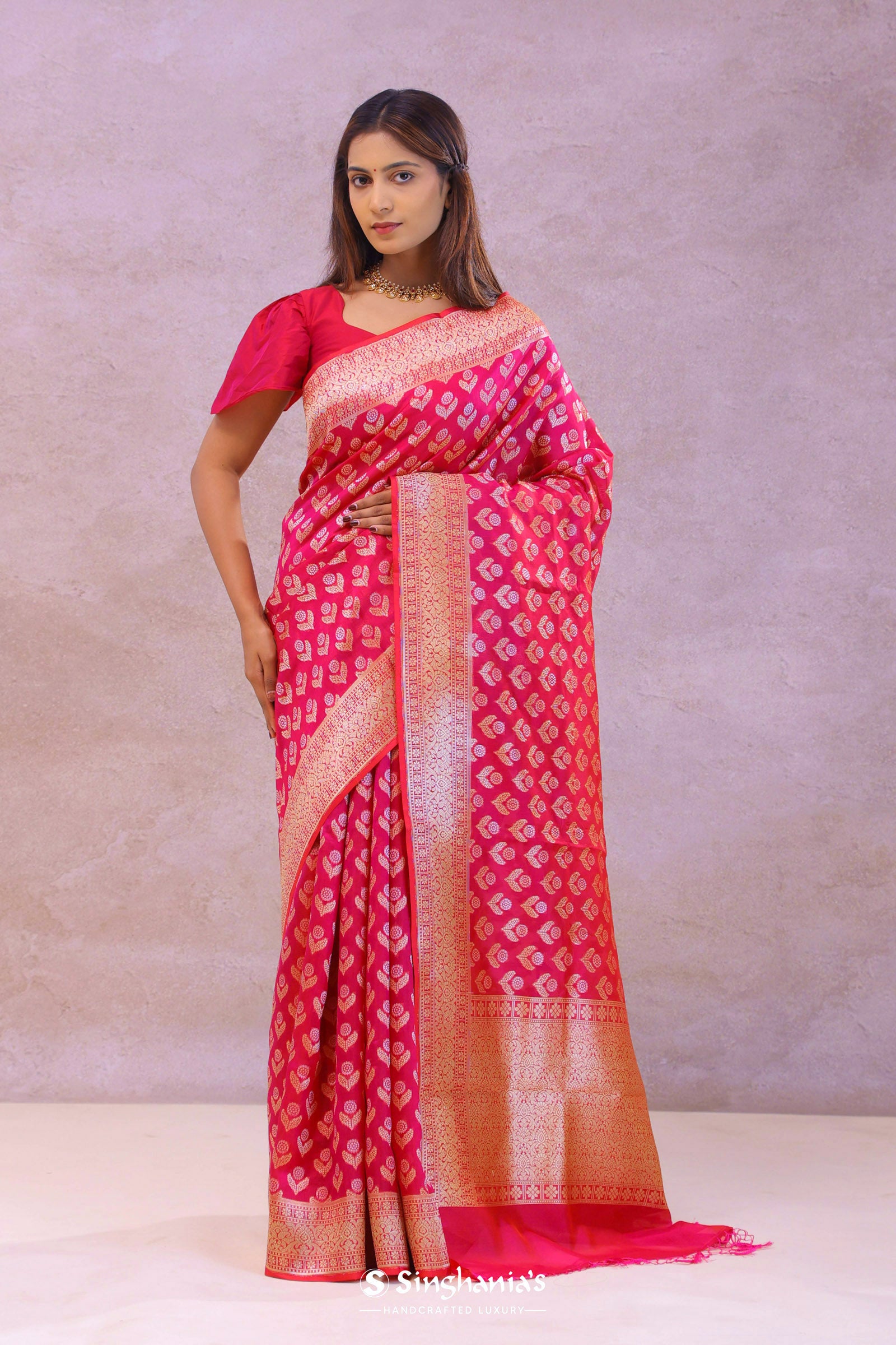 Crimson Red Banarasi Silk Saree With Gold Zari Border