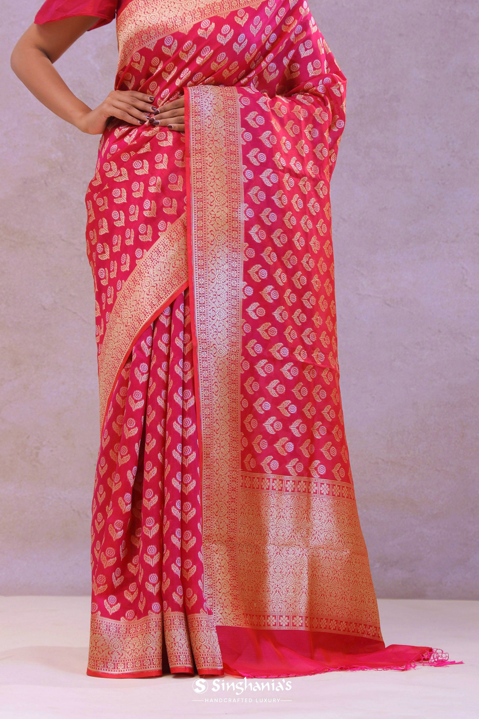 Crimson Red Banarasi Silk Saree With Gold Zari Border