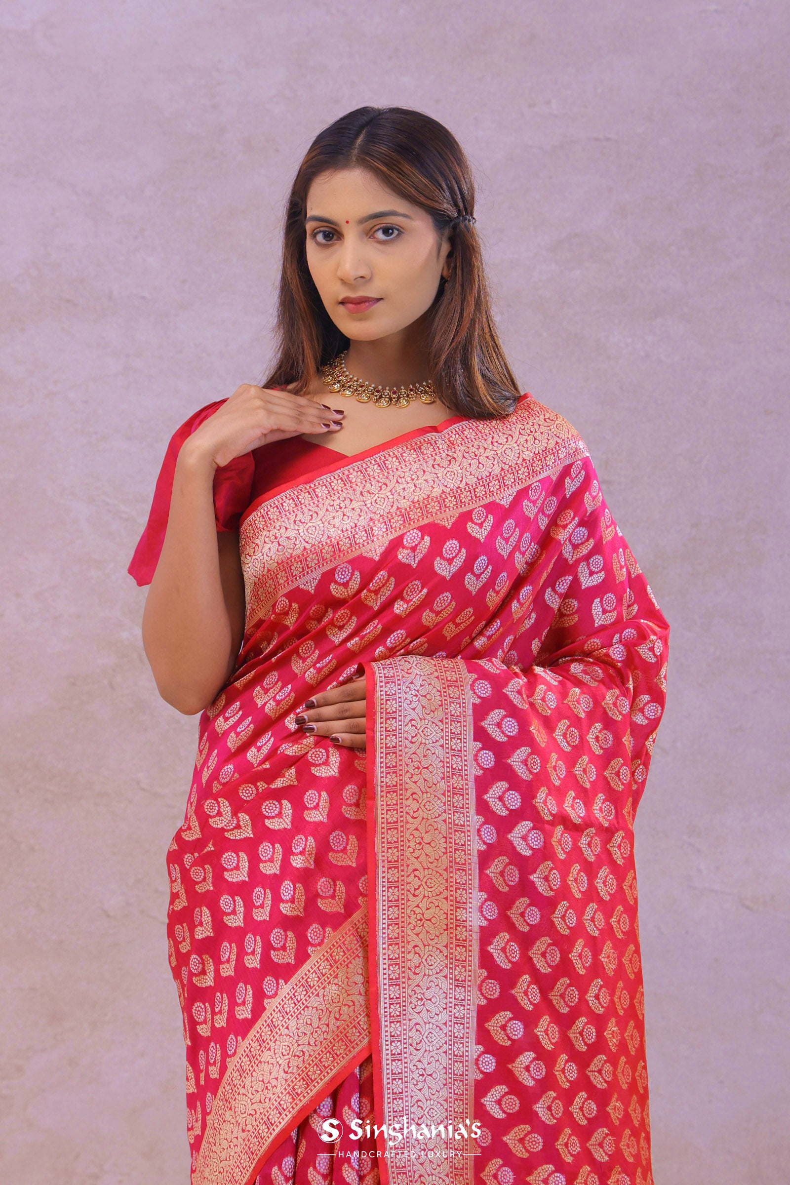 Crimson Red Banarasi Silk Saree With Gold Zari Border
