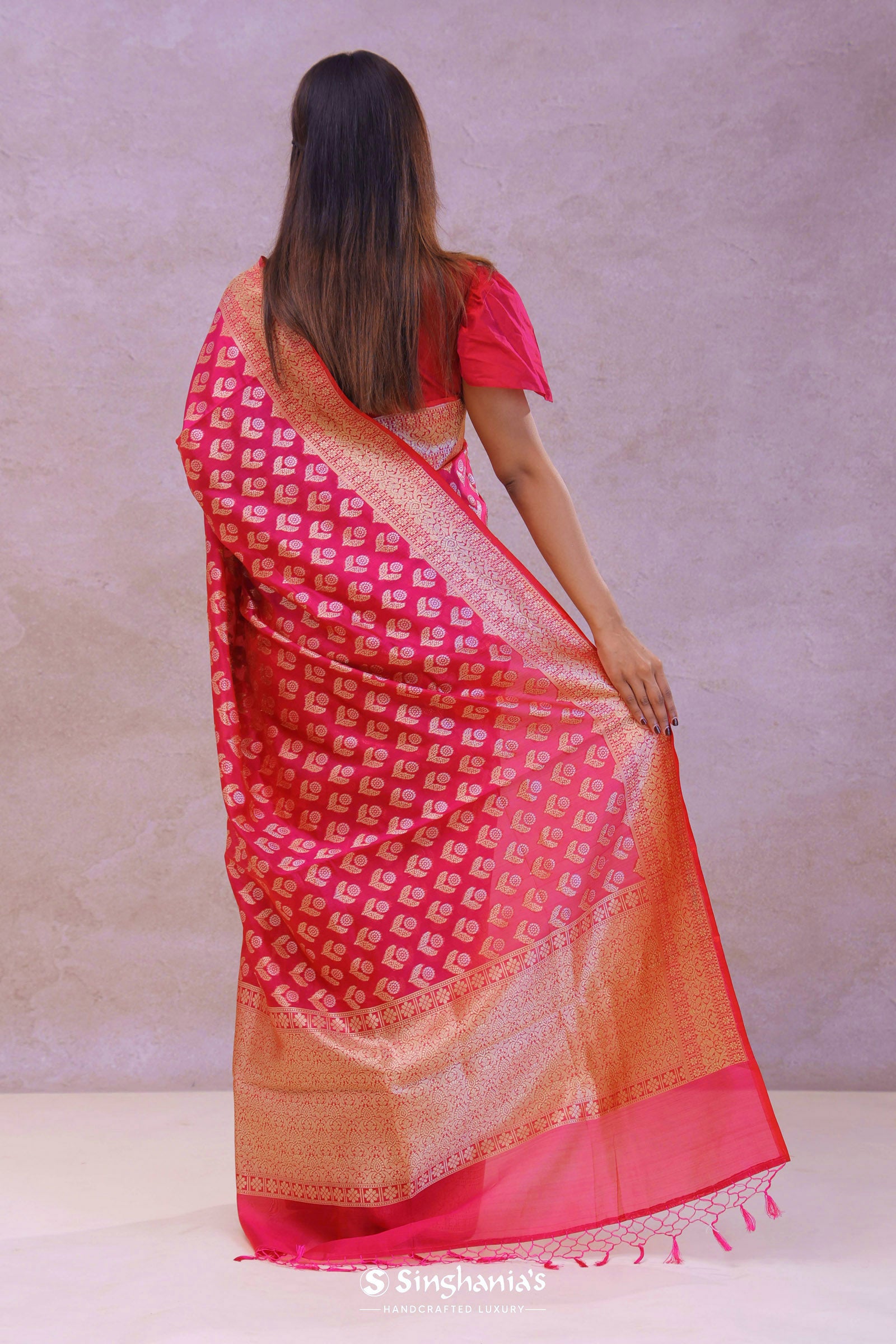 Crimson Red Banarasi Silk Saree With Gold Zari Border