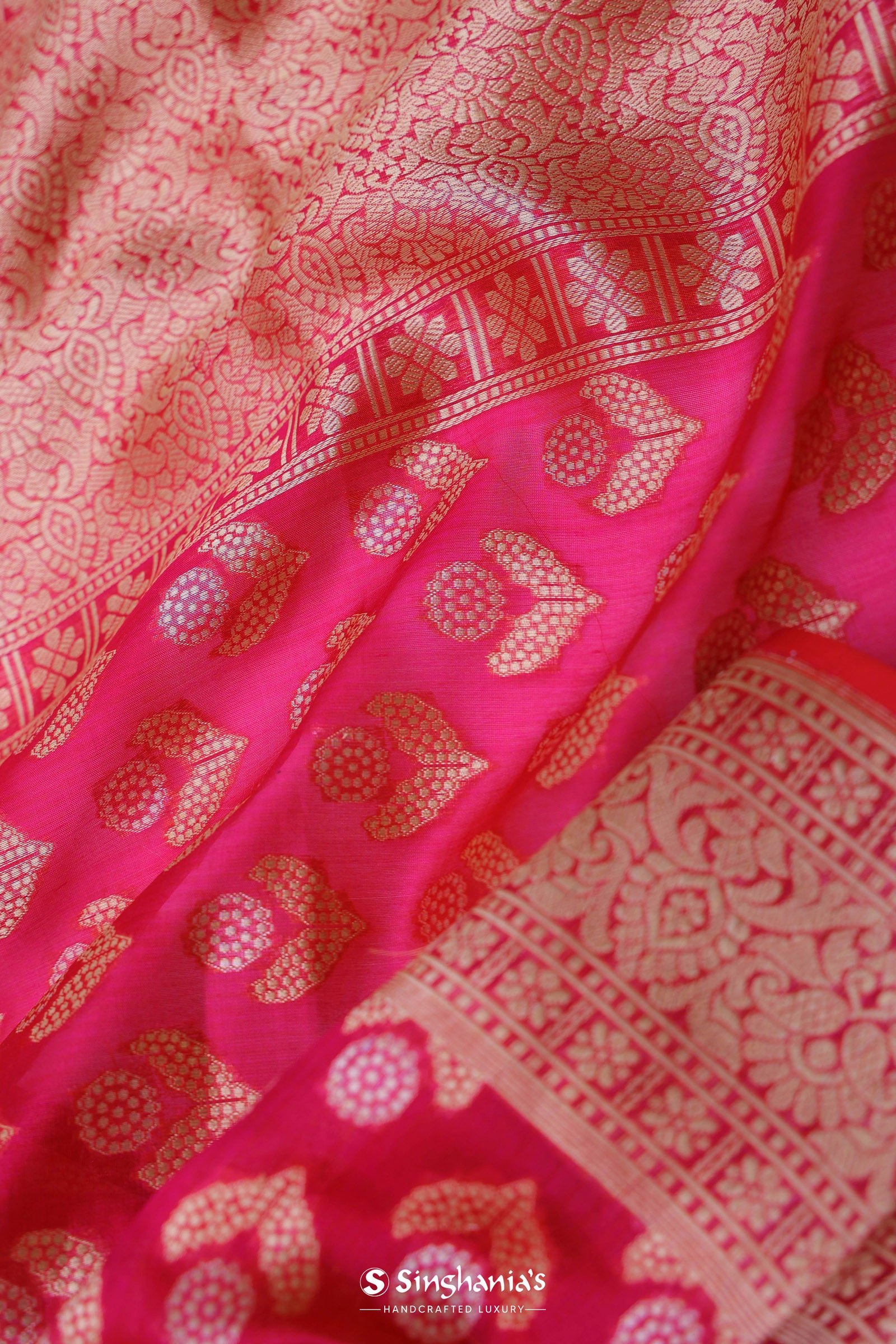 Crimson Red Banarasi Silk Saree With Gold Zari Border