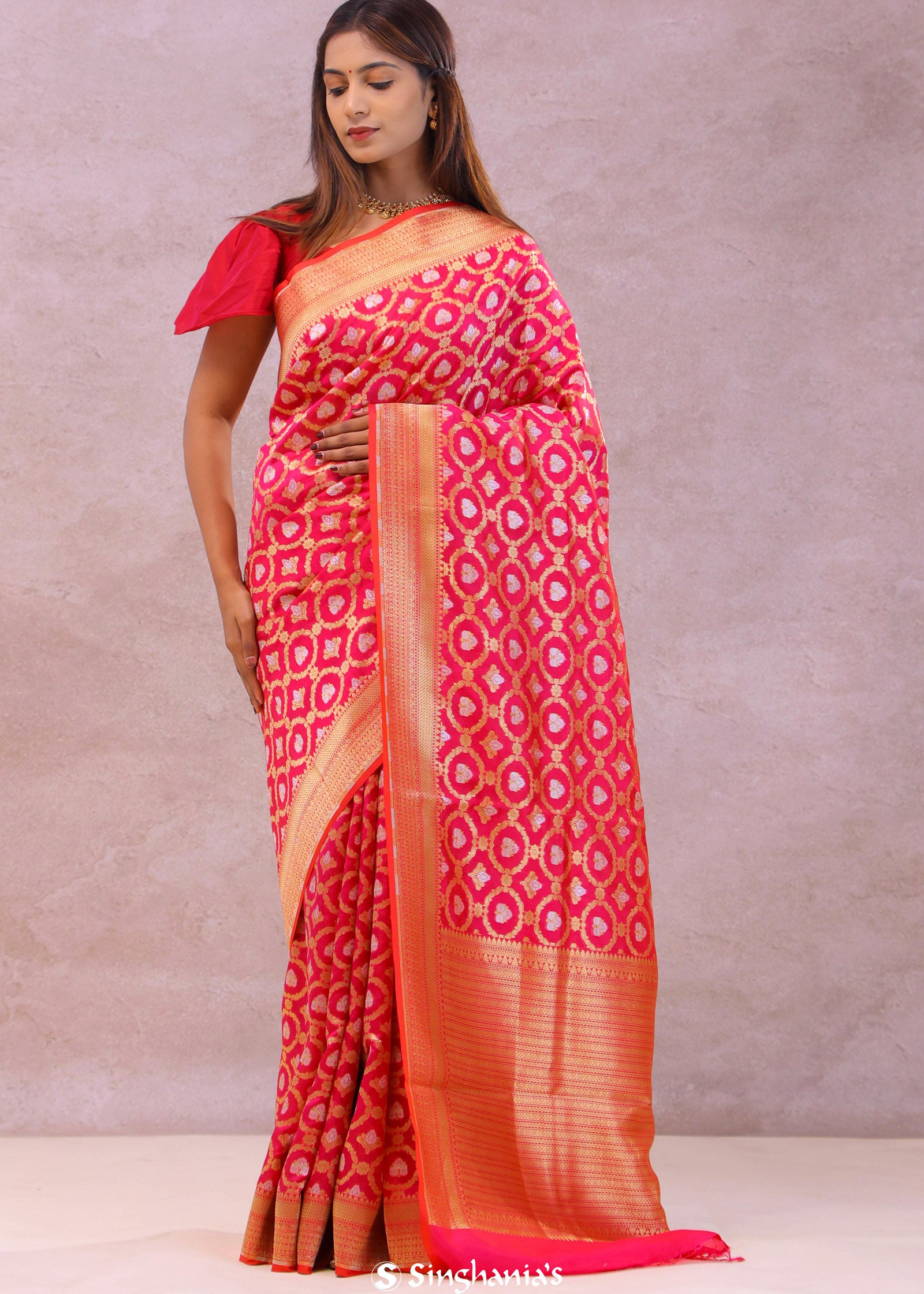 Pink Banarasi Silk Saree With Gold Zari Border