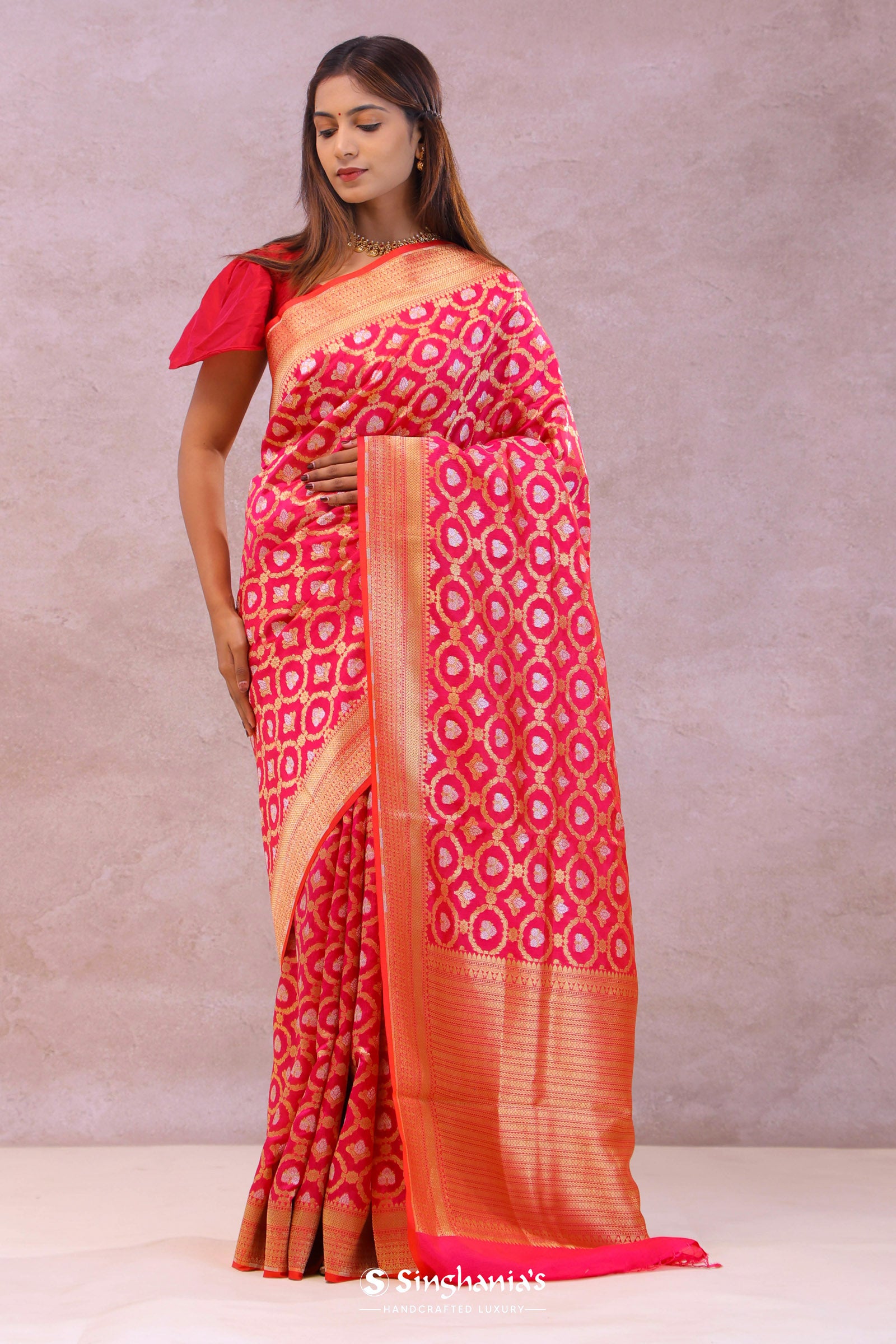 Pink Banarasi Silk Saree With Gold Zari Border