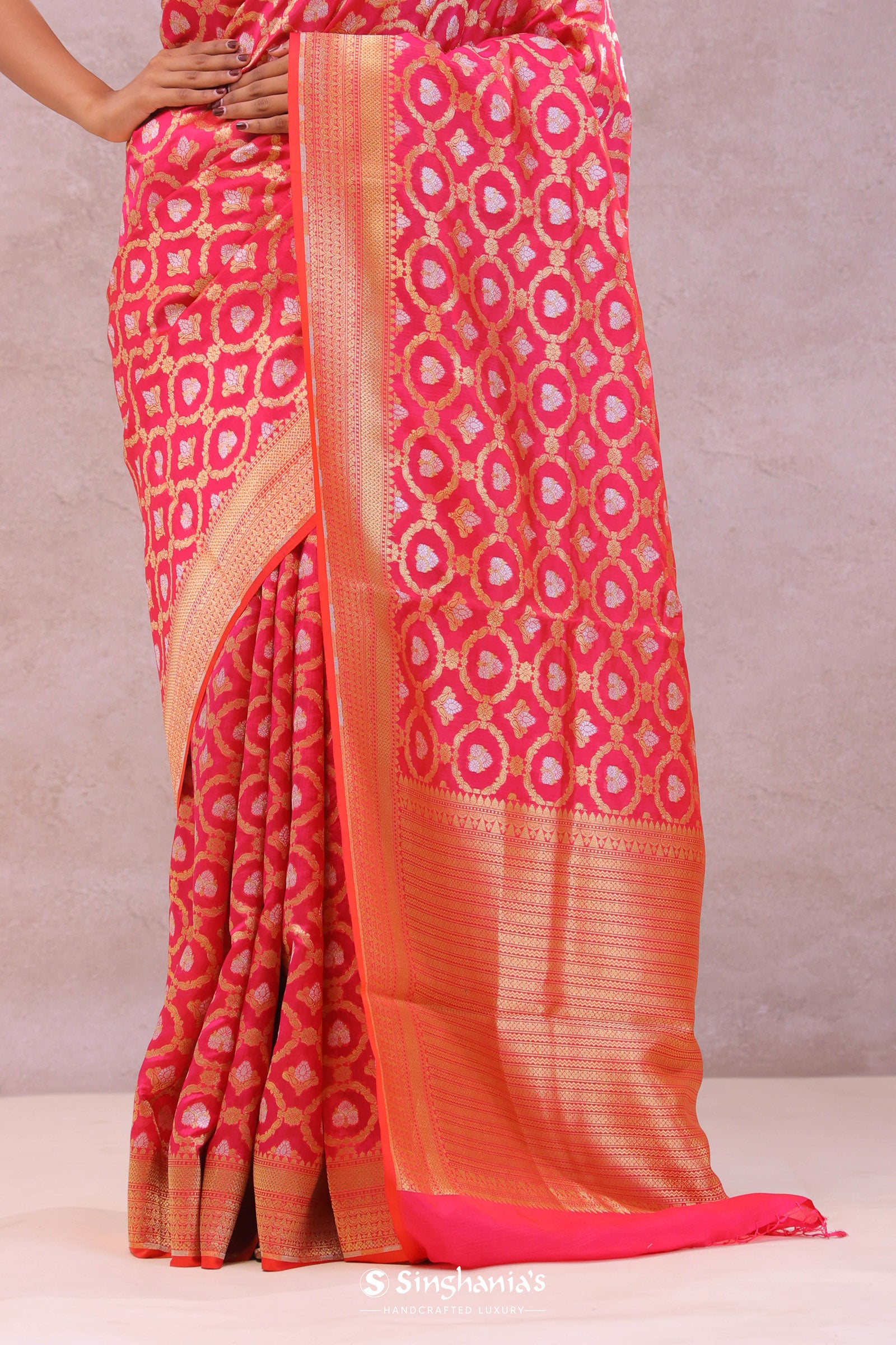 Pink Banarasi Silk Saree With Gold Zari Border