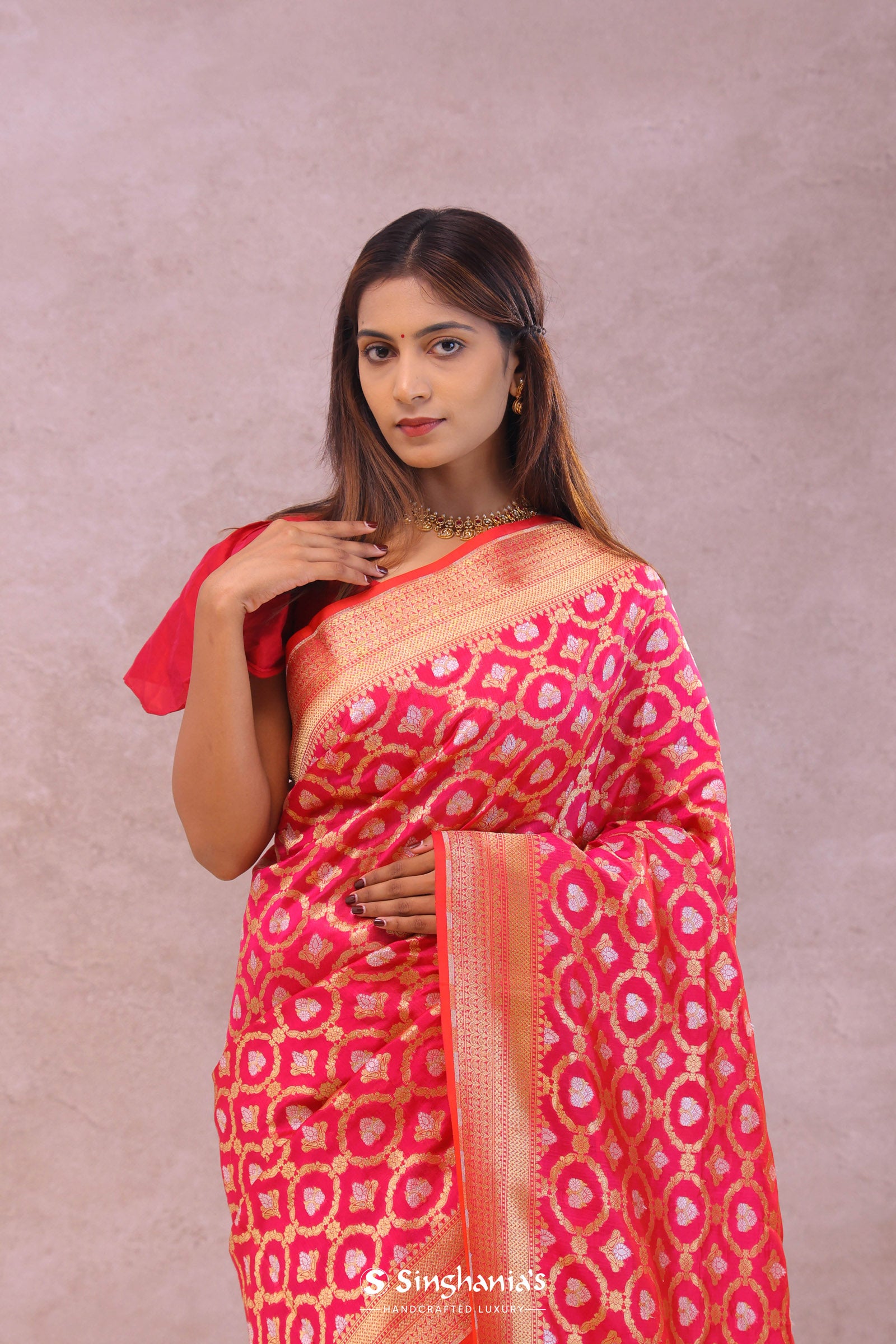 Pink Banarasi Silk Saree With Gold Zari Border