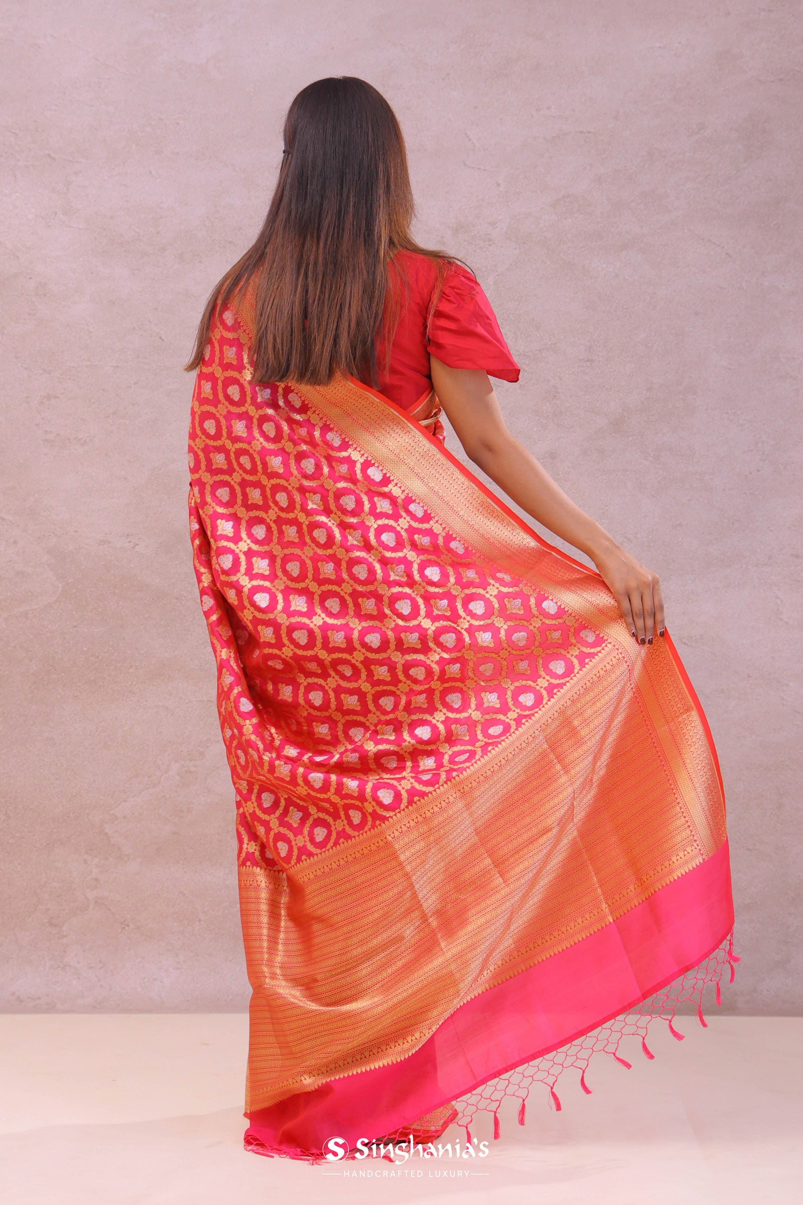 Pink Banarasi Silk Saree With Gold Zari Border