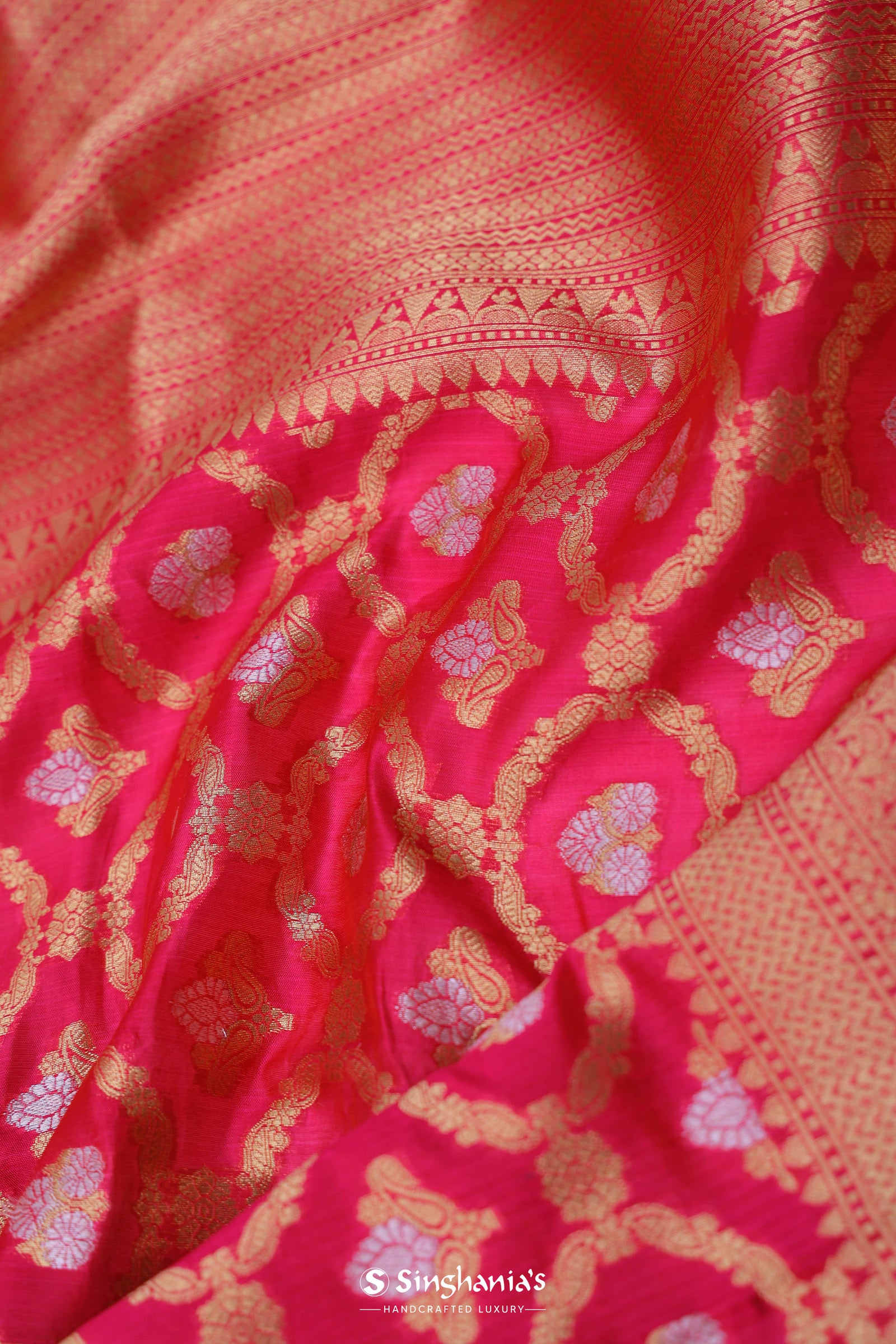 Pink Banarasi Silk Saree With Gold Zari Border
