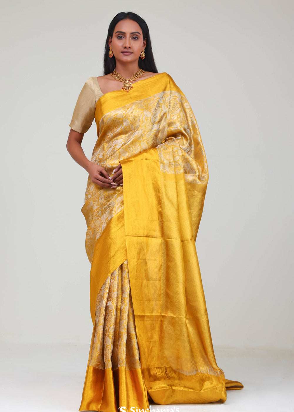 Bright Gold Kanjivaram Silk Jaal Saree